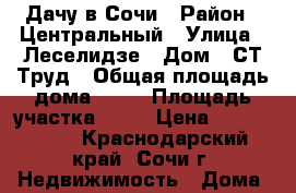 Дачу в Сочи › Район ­ Центральный › Улица ­ Леселидзе › Дом ­ СТ Труд › Общая площадь дома ­ 36 › Площадь участка ­ 10 › Цена ­ 2 000 000 - Краснодарский край, Сочи г. Недвижимость » Дома, коттеджи, дачи продажа   . Краснодарский край,Сочи г.